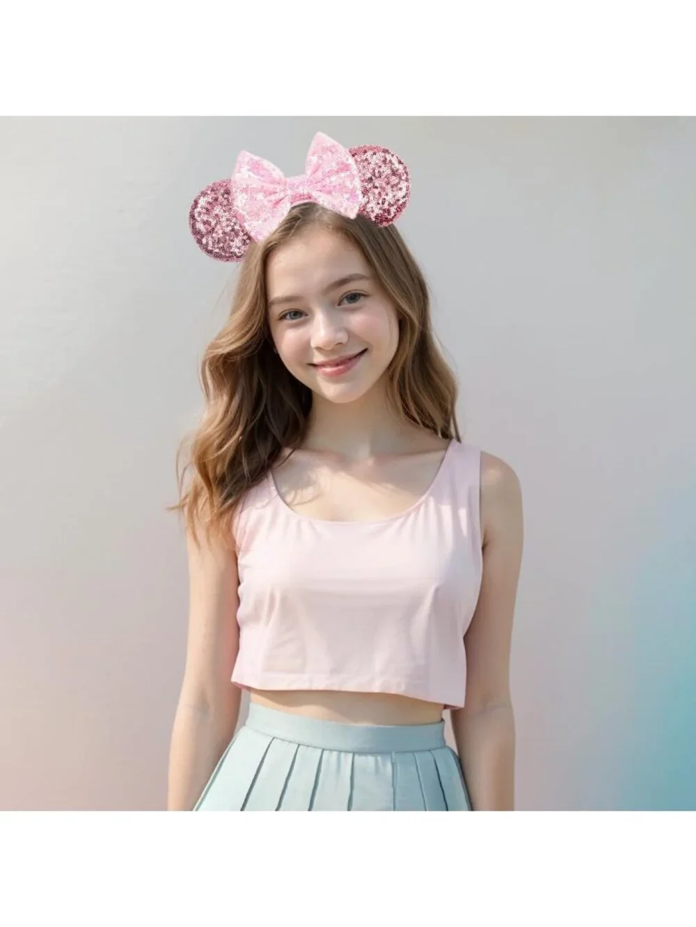 Women Sparkle Pink Polyester Sequins Mickey Mouse Hair Bow Handmade Headband